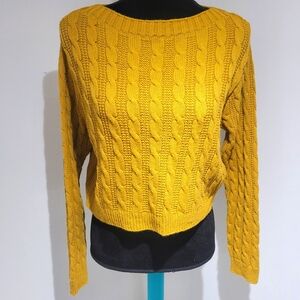 Topshop Women's Long Sleeve Cable Knit Cropped Sweater 4P Mustard Yellow Preppy